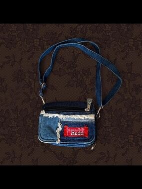 Vintage 90's Y2K Mudd Denim Fringe Crossbody Bag in Blue with Red Patch